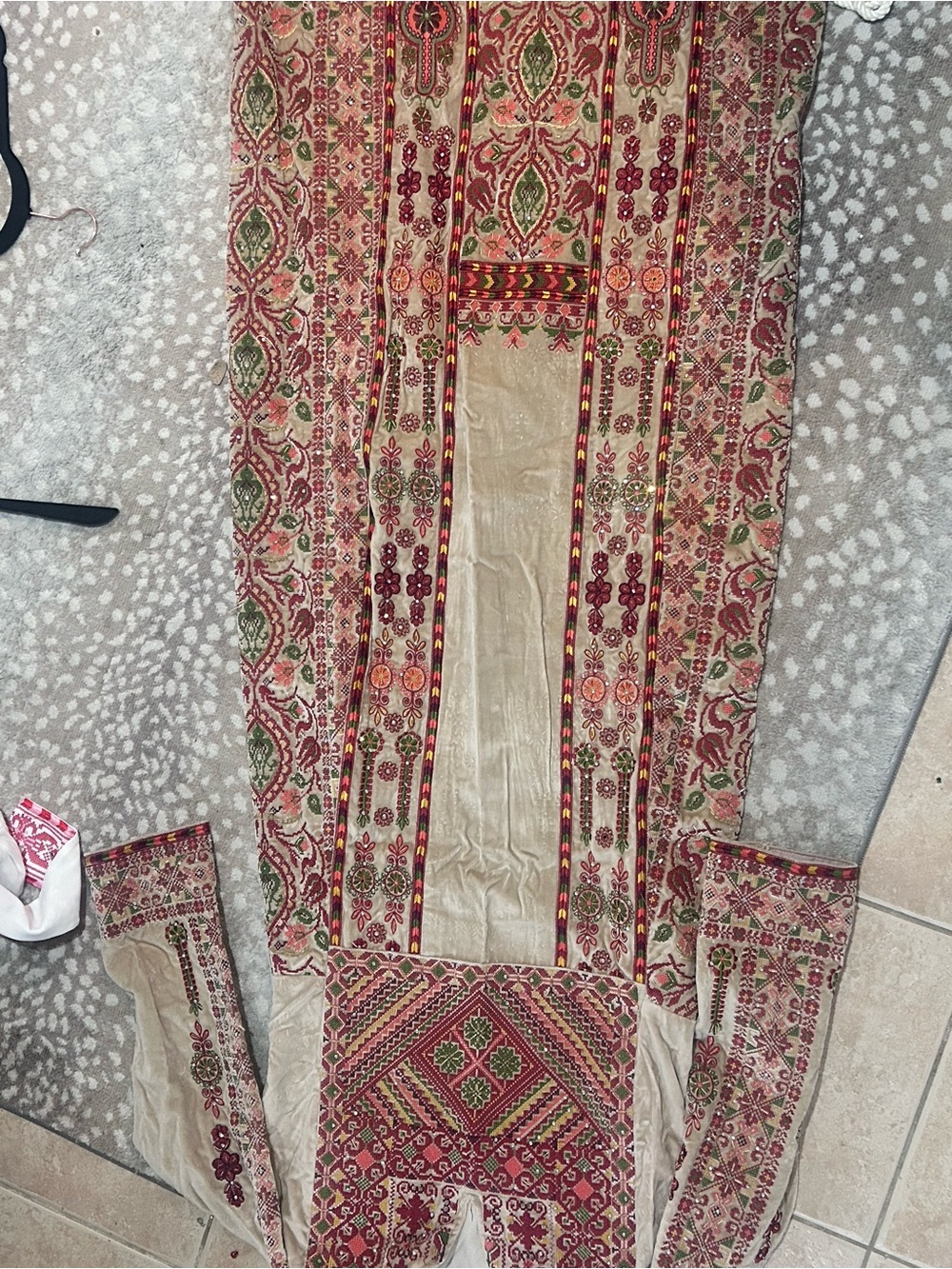 Machine Embroidered Beige red and multicolored as seen velvet fabric fit 10-12